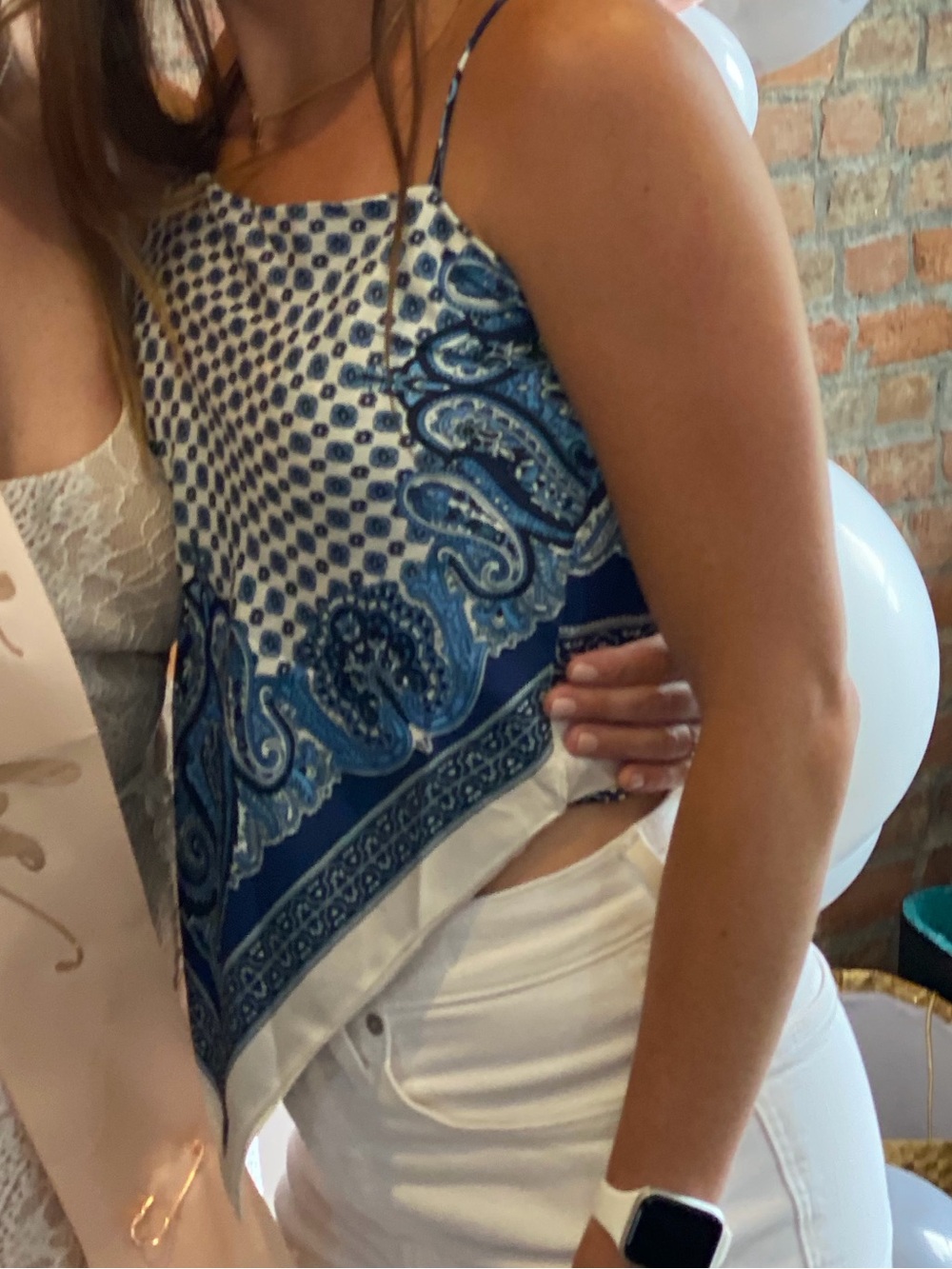 Blue and white satin tank top